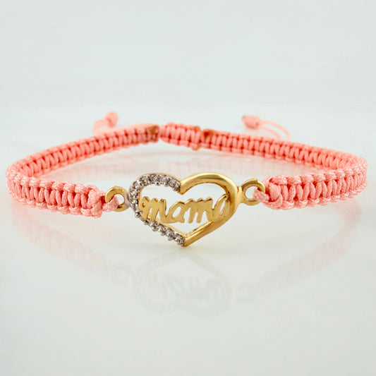 Pulsera Tejida Rosada Corazón Mamá Dos Oros Amarillo Blanco 18K