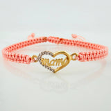 Pulsera Tejida Rosada Corazón Mamá Dos Oros Amarillo Blanco 18K