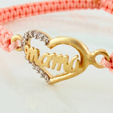 Pulsera Tejida Rosada Corazón Mamá Dos Oros Amarillo Blanco 18K