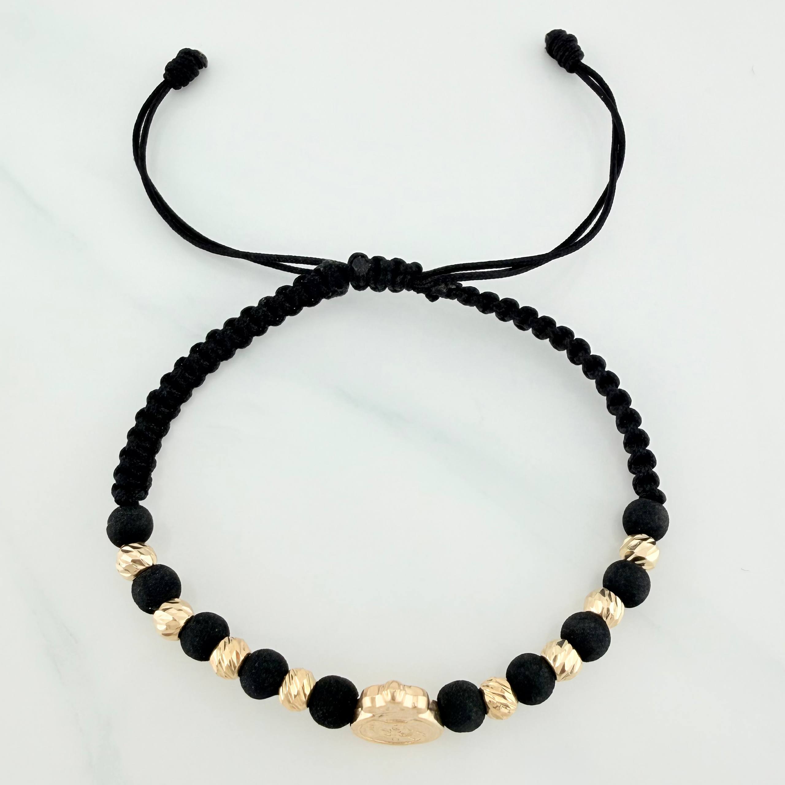 Black Woven Bracelet Real Madrid Shield 4Mm 8 Units Yellow Gold 18K