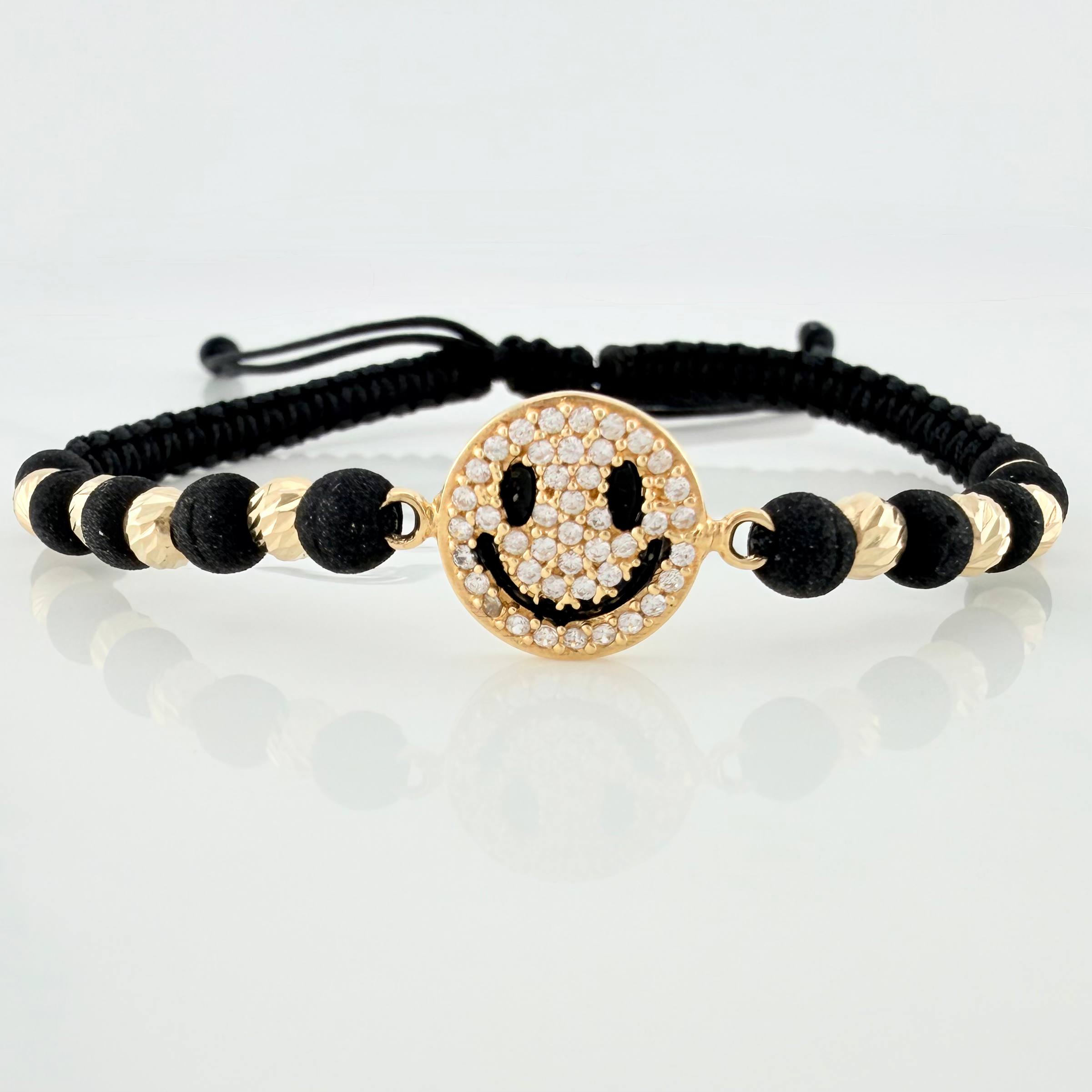 Pulsera Tejida Negra Cara Feliz 4Mm 8Und Oro Amarillo 18K