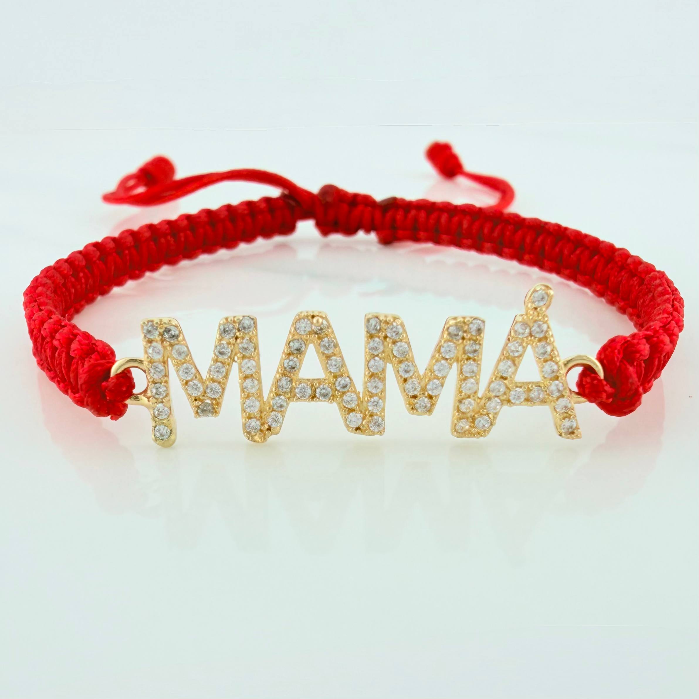 Pulsera Tejida Roja Mamá Oro Amarillo 18K