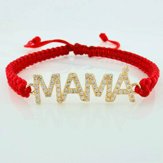 Pulsera Tejida Roja Mamá Oro Amarillo 18K