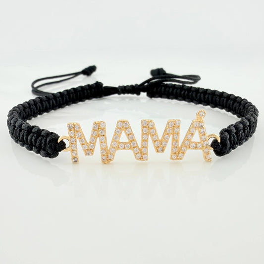 Pulsera Tejida Negra Mamá Oro Amarillo 18K