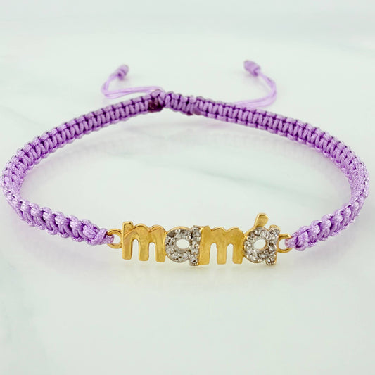 Pulsera Tejida Morada Mamá Dos Oros Amarillo Blanco 18K