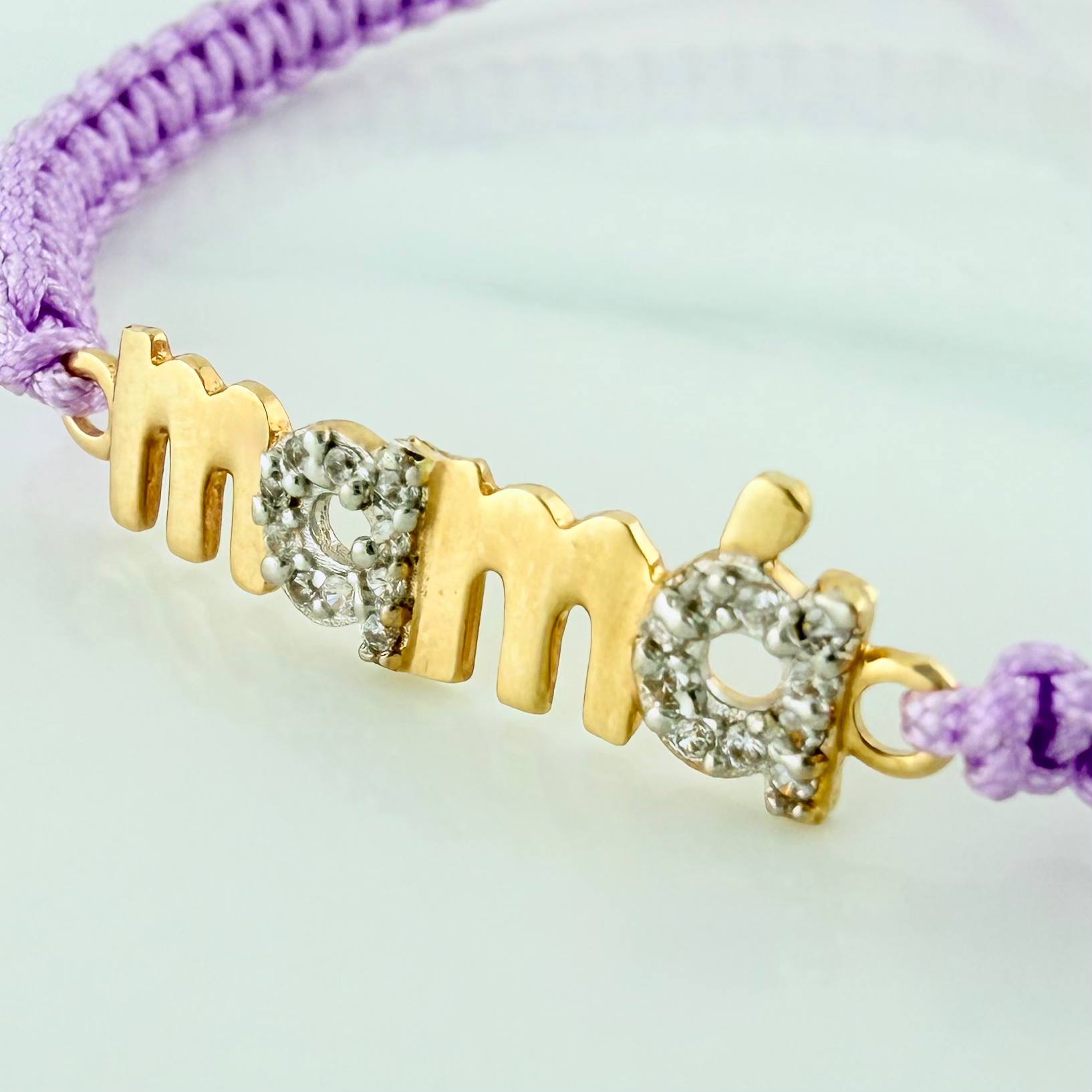 Pulsera Tejida Morada Mamá Dos Oros Amarillo Blanco 18K