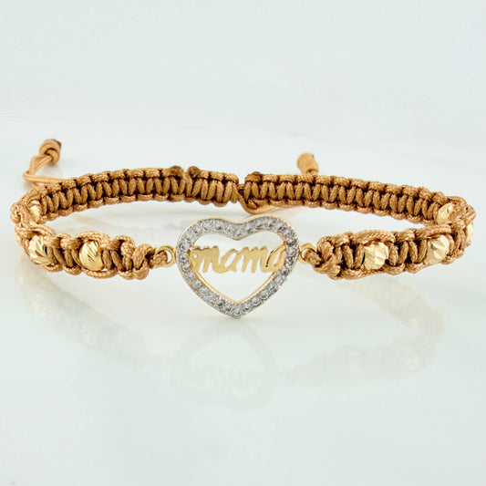 Pulsera Tejida Caqui Corazón Mamá 4Mm 8 Und Dos Oros Amarillo Blanco 18K