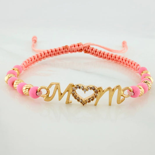 Pulsera Tejida Rosada Mom 4Mm 8 Und Oro Amarillo 18K