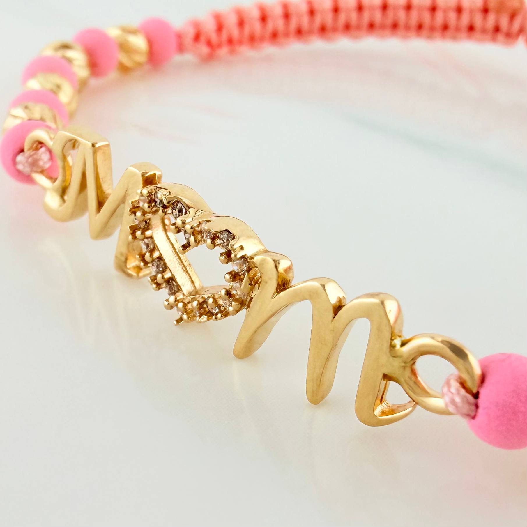 Pulsera Tejida Rosada Mom 4Mm 8 Und Oro Amarillo 18K