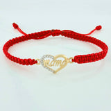 Pulsera Tejida Roja Corazón Mamá Oro Amarillo 18K