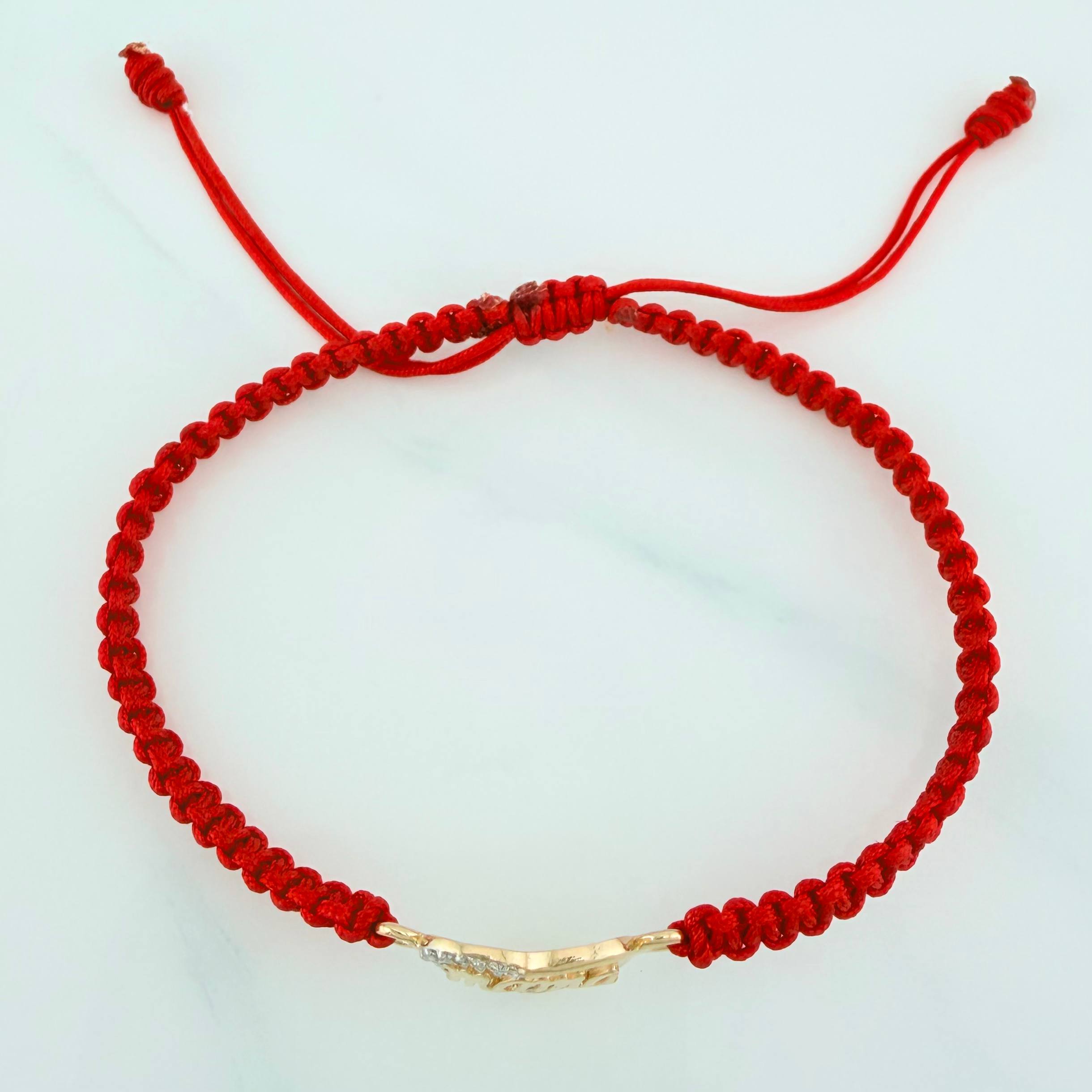 Pulsera Tejida Roja Corazón Mamá Oro Amarillo 18K