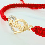 Pulsera Tejida Roja Corazón Mamá Oro Amarillo 18K