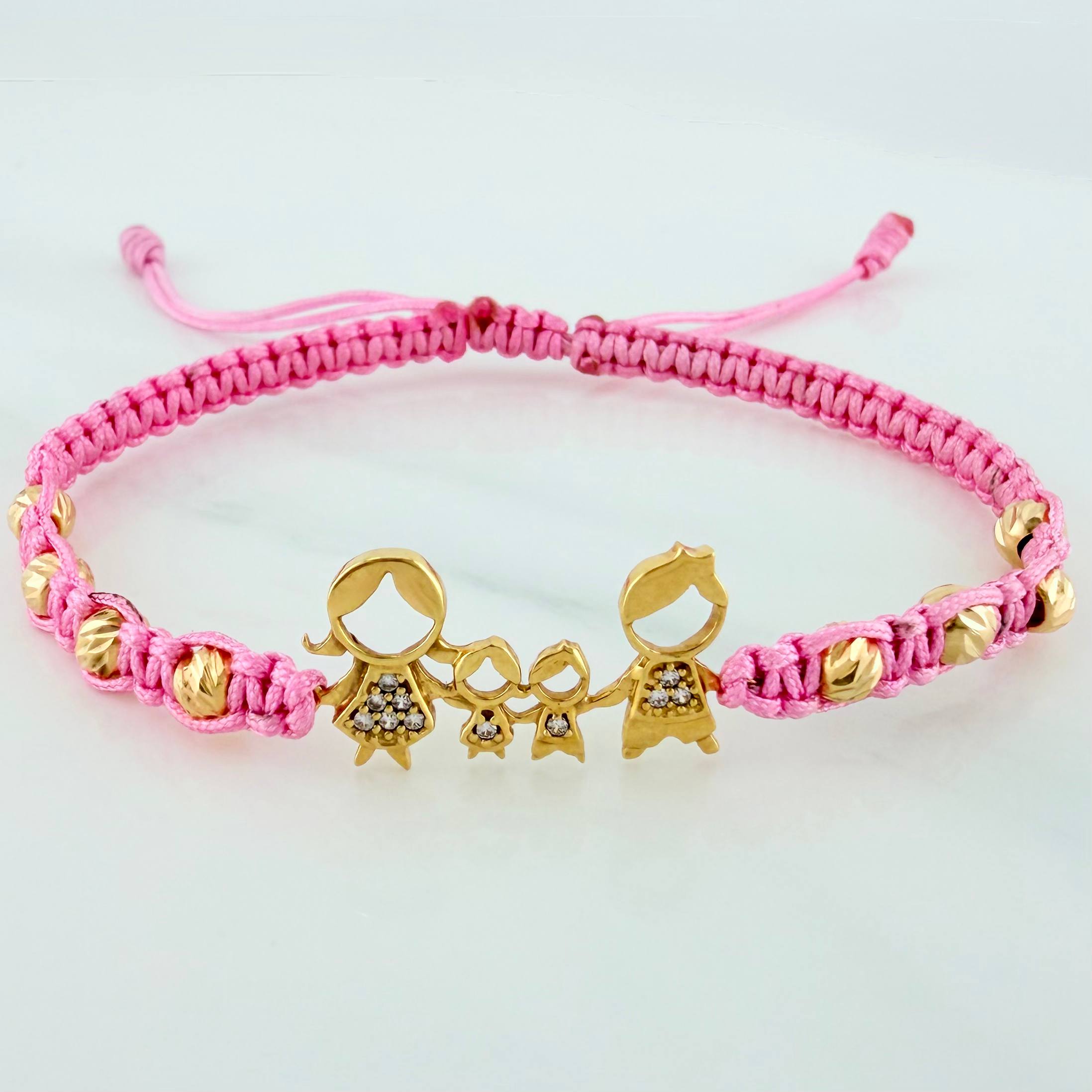 Pulsera Tejida Rosada Familia 4Mm 8 Und Oro Amarillo 18K
