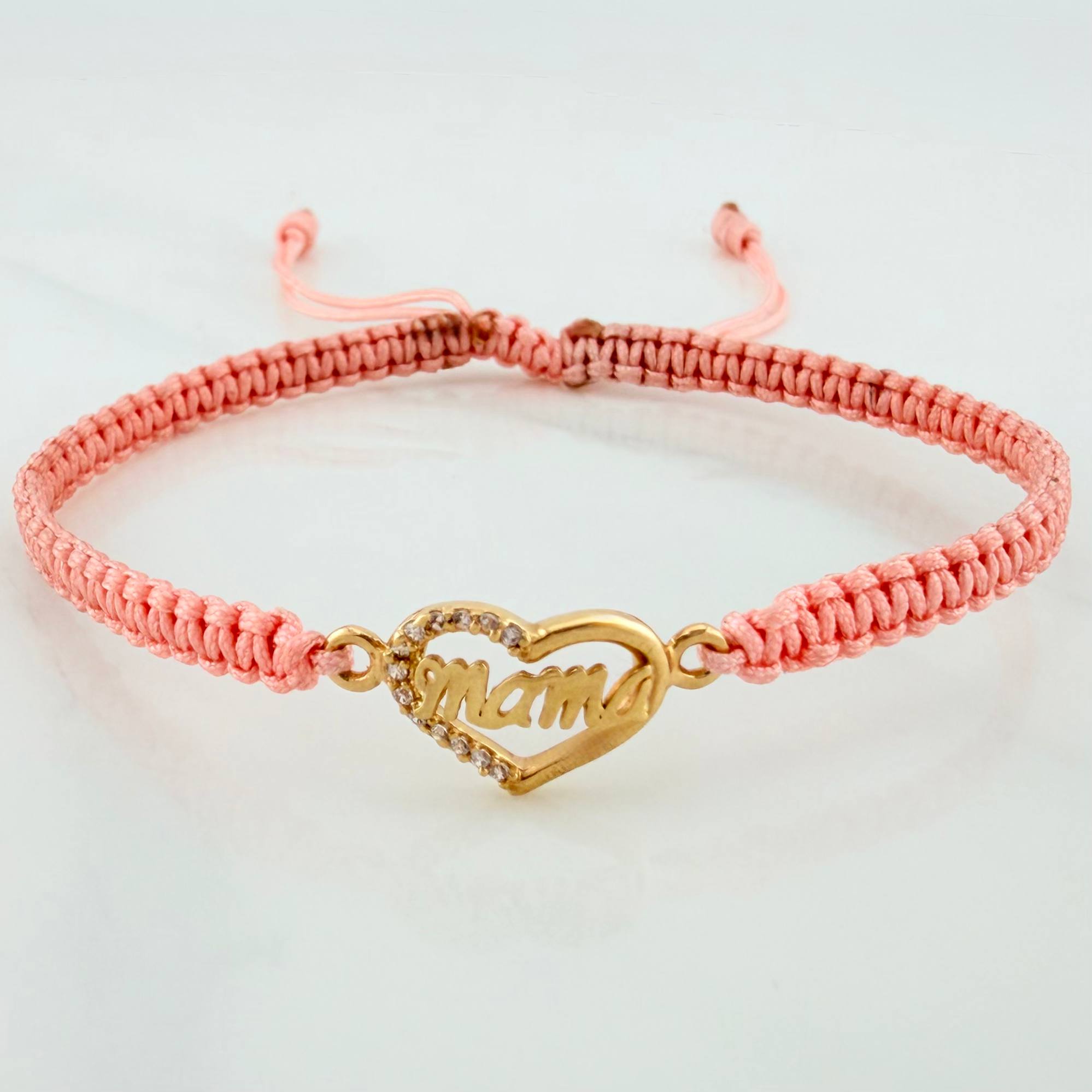 Pulsera Tejida Rosada Corazón Mamá Oro Amarillo 18K