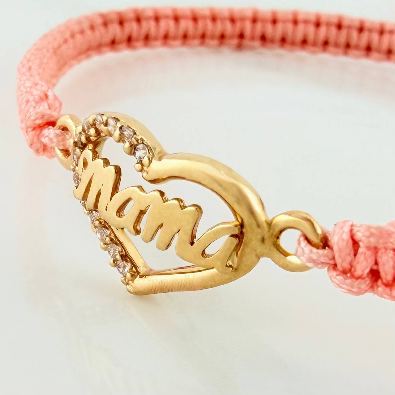 Pulsera Tejida Rosada Corazón Mamá Oro Amarillo 18K