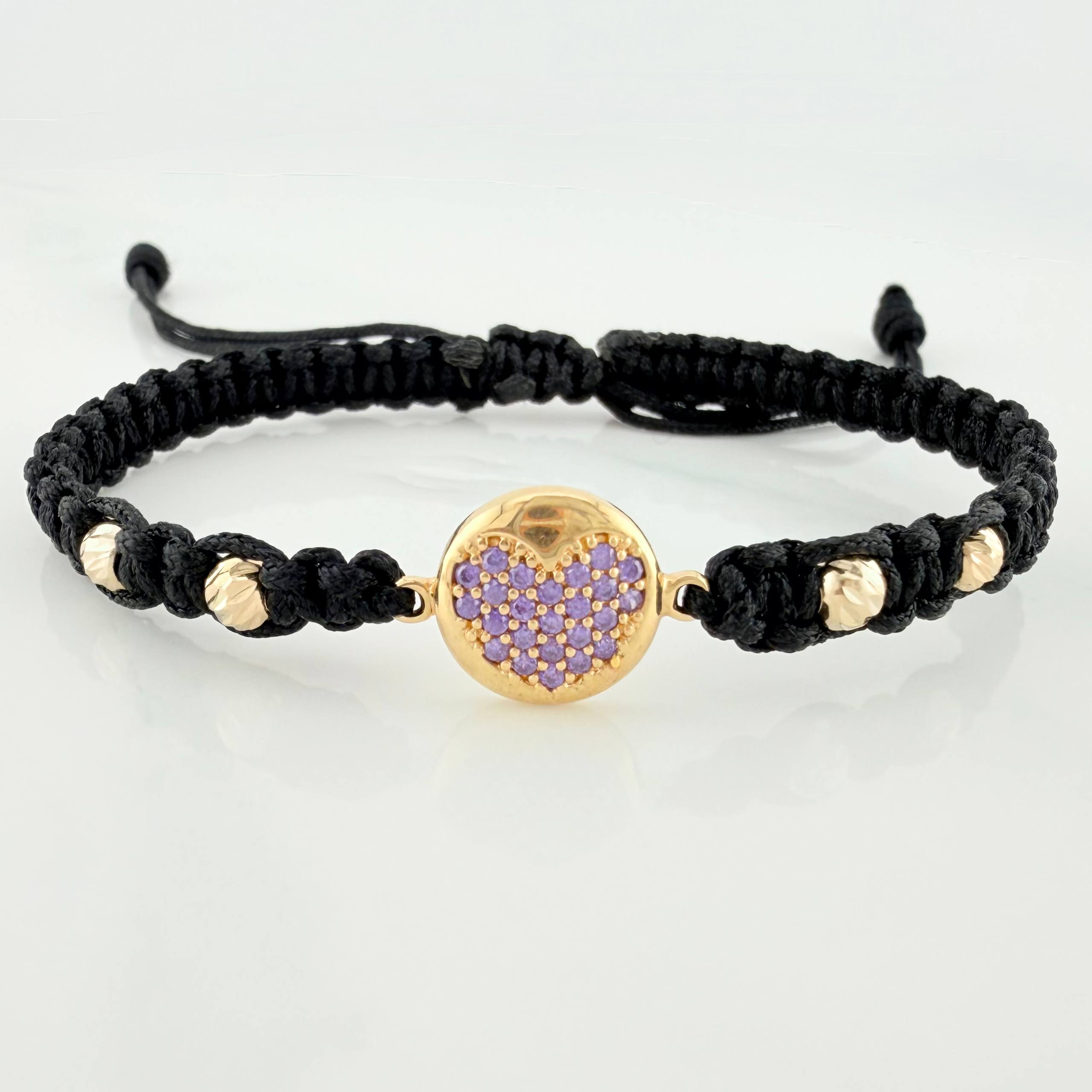 Black Woven Bracelet Heart 4mm 4 Units Yellow Gold 18K