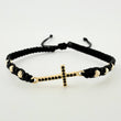 Pulsera Tejida Negra Herraje Cruz, 6 3Mm Diamantados Oro Amarillo 18K