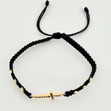 Pulsera Tejida Negra Herraje Cruz, 6 3Mm Diamantados Oro Amarillo 18K