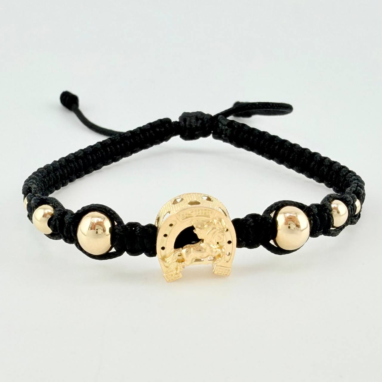 Black Woven Bracelet Charm Horse Horseshoe, 2 3Mm Smooth, 2 4Mm Smooth, 2 6Mm Smooth, 6 Pcs. Yellow Gold 18K