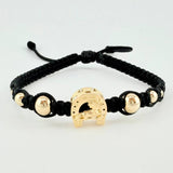 Black Woven Bracelet Charm Horse Horseshoe, 2 3Mm Smooth, 2 4Mm Smooth, 2 6Mm Smooth, 6 Pcs. Yellow Gold 18K