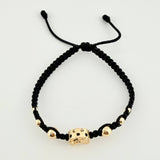 Black Woven Bracelet Charm Horse Horseshoe, 2 3Mm Smooth, 2 4Mm Smooth, 2 6Mm Smooth, 6 Pcs. Yellow Gold 18K