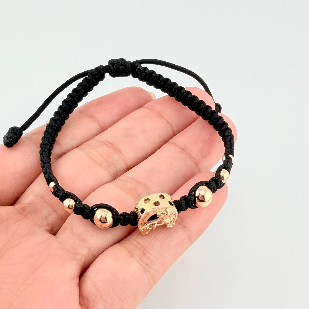 Black Woven Bracelet Charm Horse Horseshoe, 2 3Mm Smooth, 2 4Mm Smooth, 2 6Mm Smooth, 6 Pcs. Yellow Gold 18K