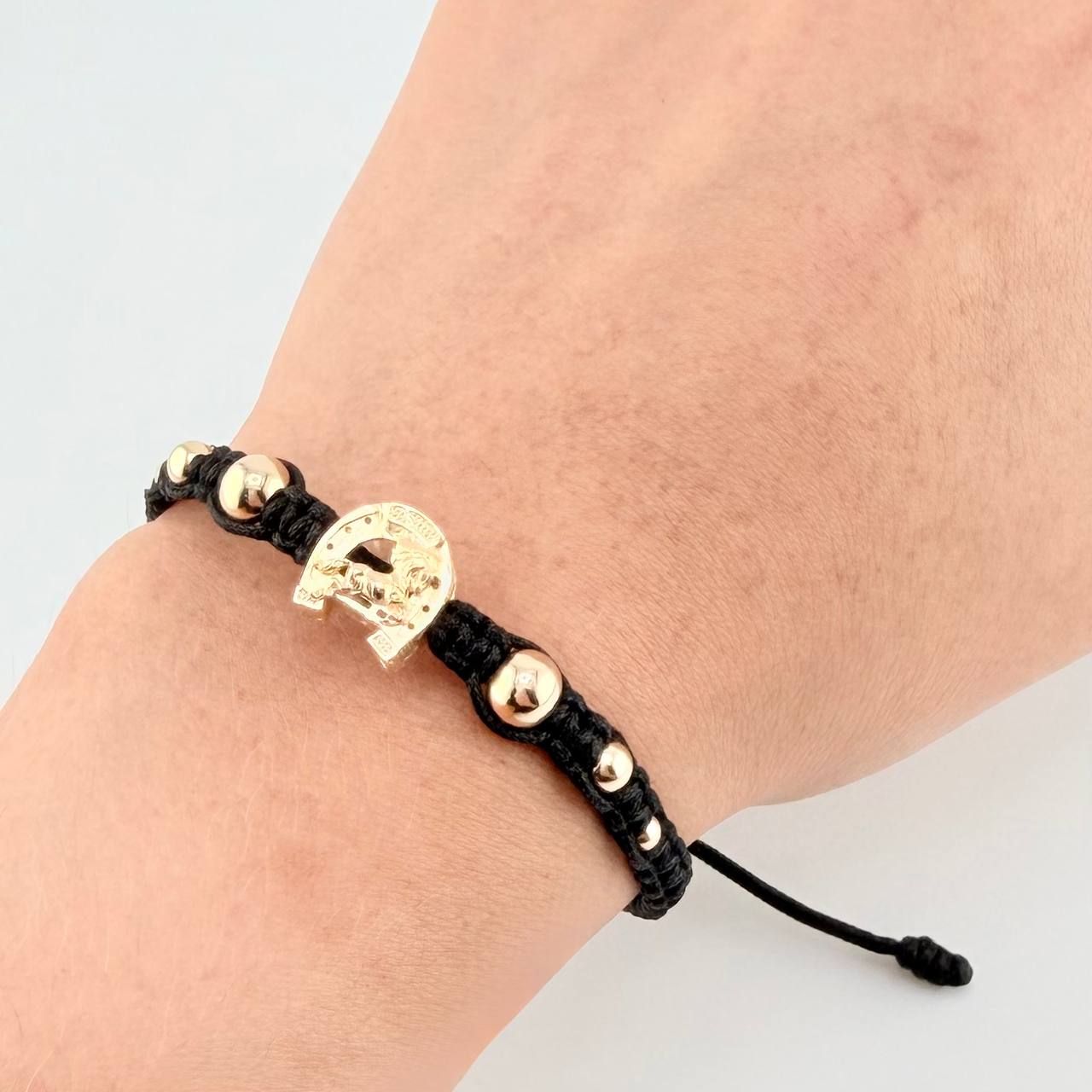 Black Woven Bracelet Charm Horse Horseshoe, 2 3Mm Smooth, 2 4Mm Smooth, 2 6Mm Smooth, 6 Pcs. Yellow Gold 18K
