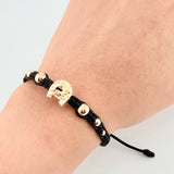 Black Woven Bracelet Charm Horse Horseshoe, 2 3Mm Smooth, 2 4Mm Smooth, 2 6Mm Smooth, 6 Pcs. Yellow Gold 18K