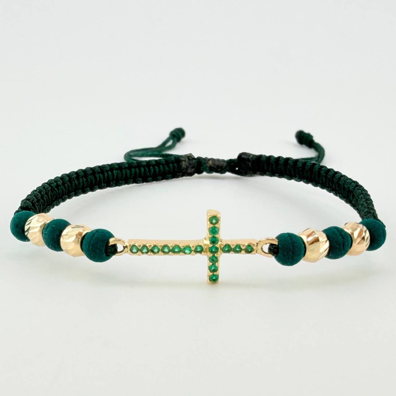 Pulsera Tejida Verde Herraje Cruz, 4 4Mm Diamantadas Oro Amarillo 18K (A.C)