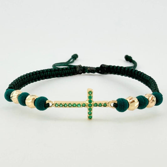 Woven Green Bracelet Charm Cross, 4 4Mm Diamond Cut Yellow Gold 18K (A.C)