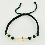 Pulsera Tejida Verde Herraje Cruz, 4 4Mm Diamantadas Oro Amarillo 18K (A.C)