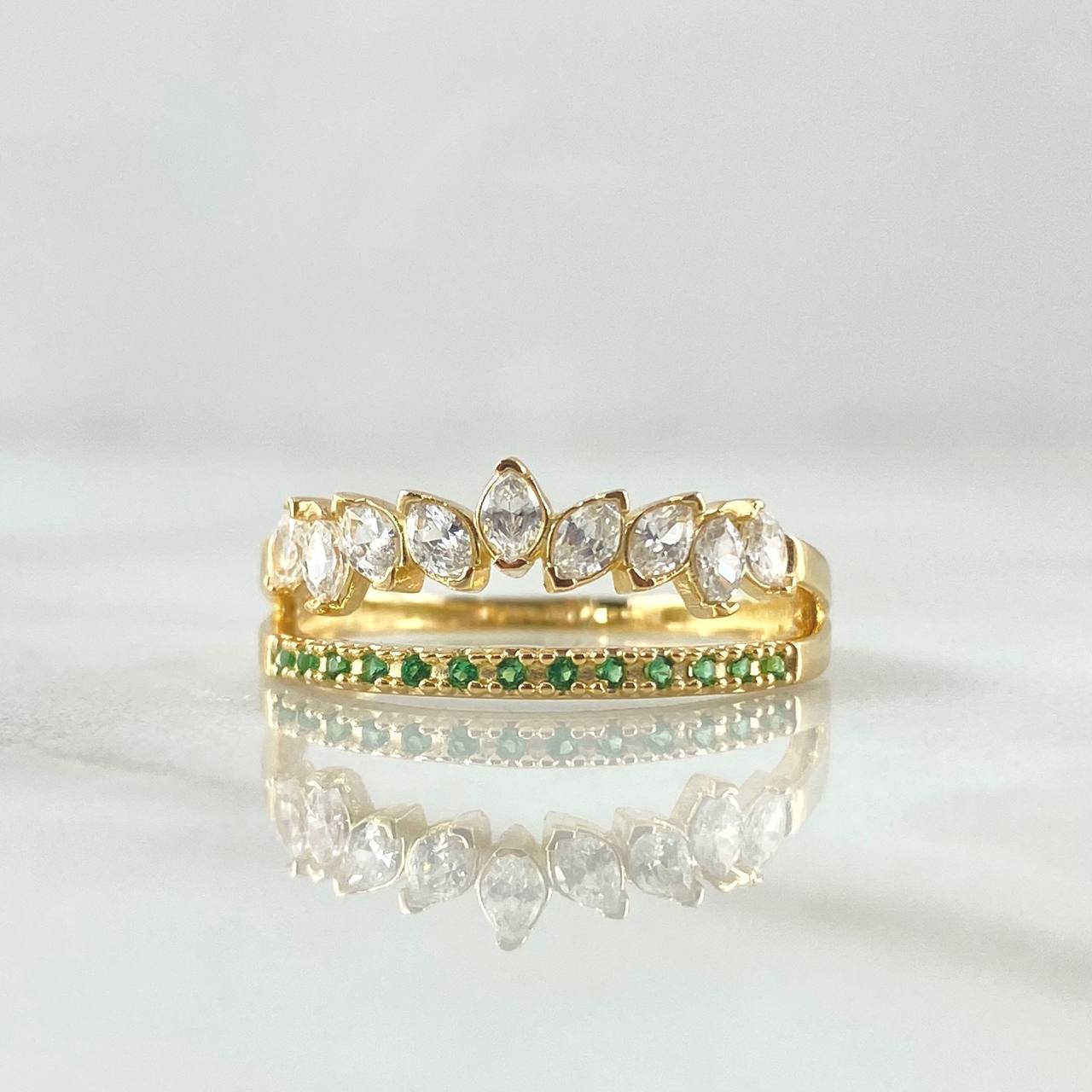 Tiara Ring Yustapuesta 2.5gr / Size 7 1/2 / White and Green Zircons 18K Yellow Gold ©