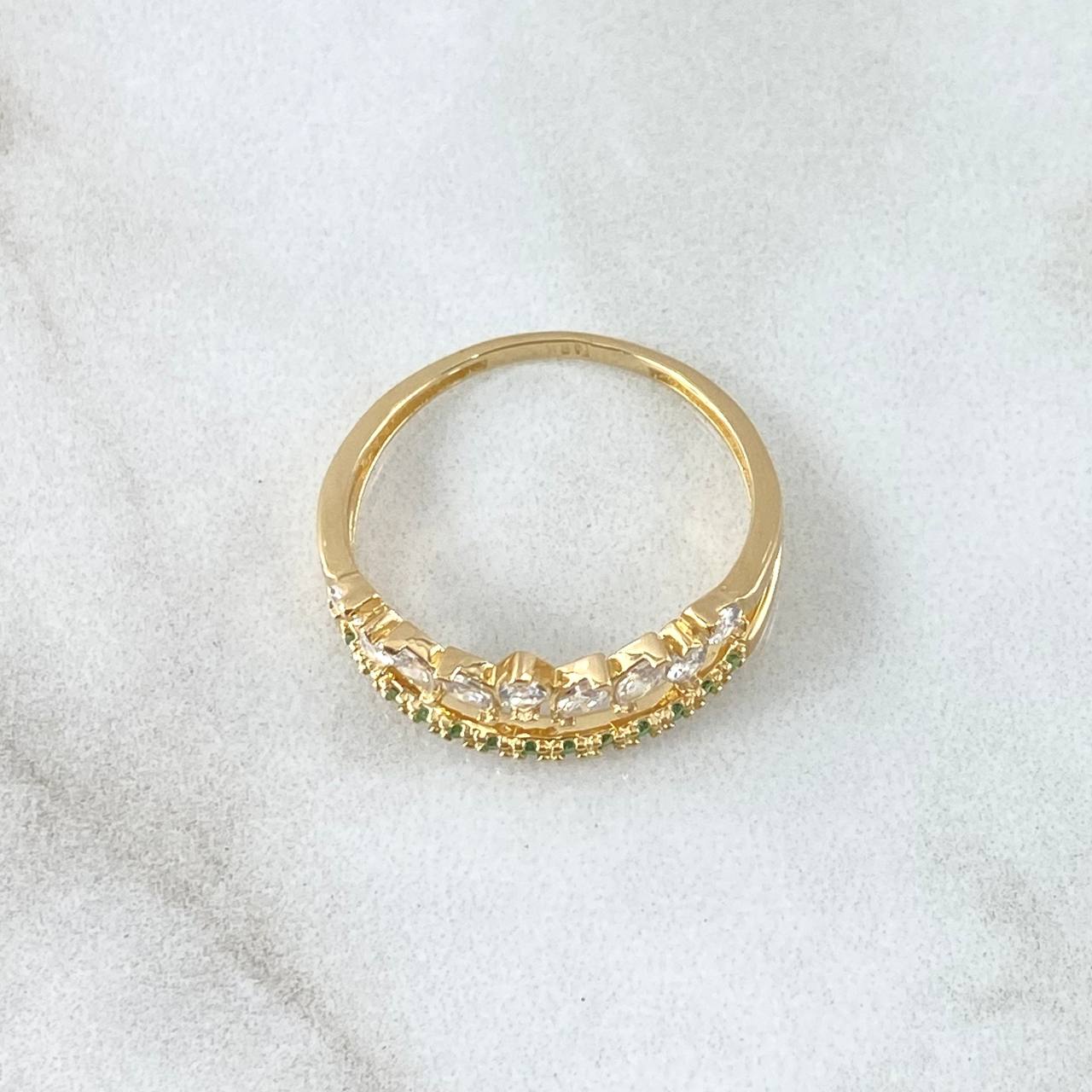 Tiara Ring Yustapuesta 2.5gr / Size 7 1/2 / White and Green Zircons 18K Yellow Gold ©