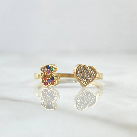 Heart Hug Bear Ring TS 1.65gr / Size 7 / Multicolor White Zircons 18K Yellow Gold ©