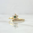 Flower Ring Super Set Line 2.35gr / Size 7 / White Zircons Green 18K Yellow Gold