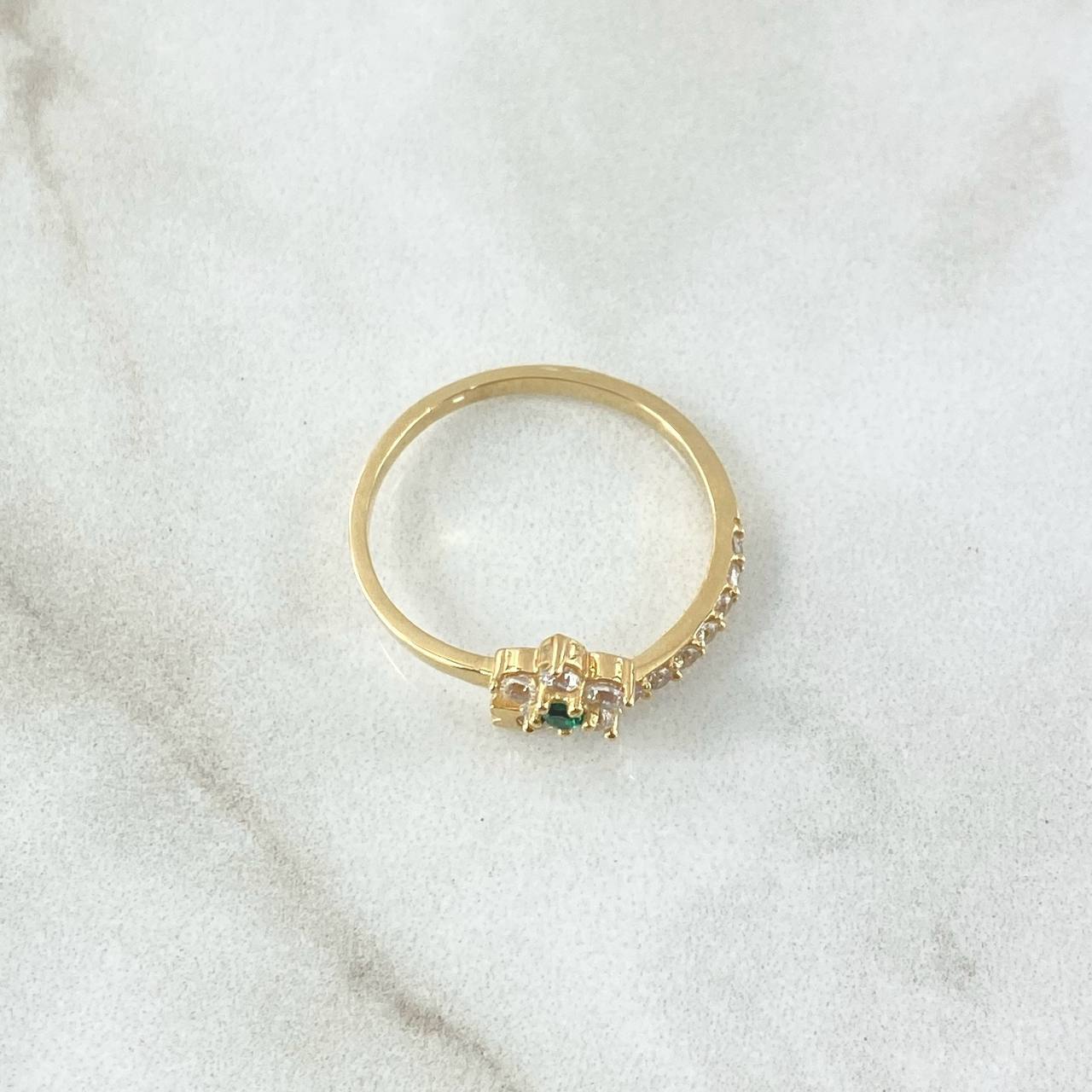 Flower Ring Super Set Line 2.35gr / Size 7 / White Zircons Green 18K Yellow Gold