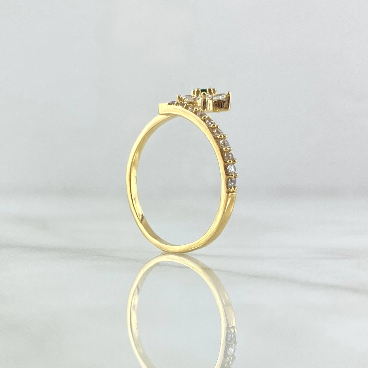 Flower Ring Super Set Line 2.35gr / Size 7 / White Zircons Green 18K Yellow Gold