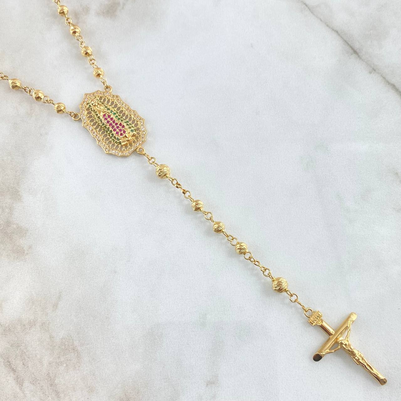 Virgin Guadalupe Rosary Cross Christ Flat Tips 20.8gr / 60cm / 5mm-6mm Beads Diamond Cut White Green Fuchsia Zircons 18K Yellow Gold