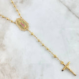 Virgin Guadalupe Rosary Cross Christ Flat Tips 20.8gr / 60cm / 5mm-6mm Beads Diamond Cut White Green Fuchsia Zircons 18K Yellow Gold