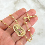 Virgin Guadalupe Rosary Cross Christ Flat Tips 20.8gr / 60cm / 5mm-6mm Beads Diamond Cut White Green Fuchsia Zircons 18K Yellow Gold