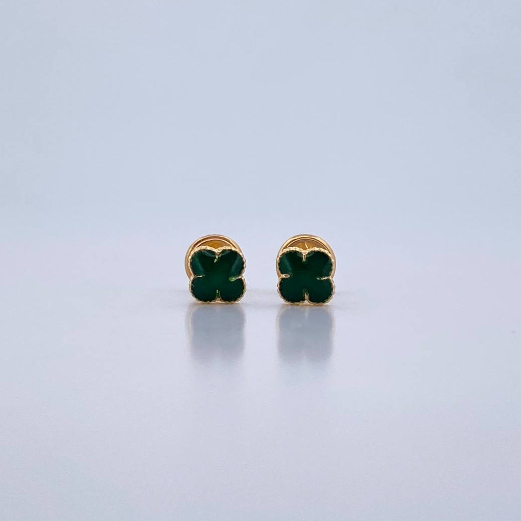 Stud Earrings Clover 0.7gr / Electrostatic Green Yellow Gold 18K $