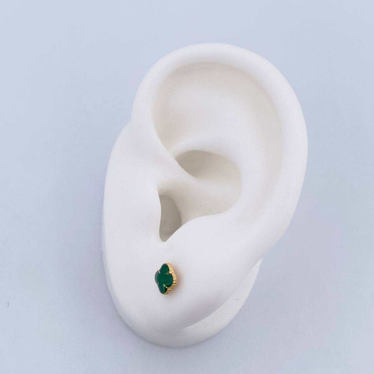 Stud Earrings Clover 0.7gr / Electrostatic Green Yellow Gold 18K $