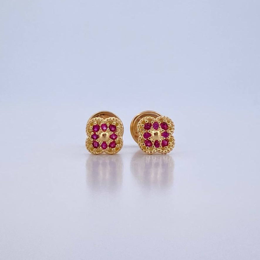 Stud Earrings Clover 0.85gr / Fuchsia Zircons 18K Yellow Gold $