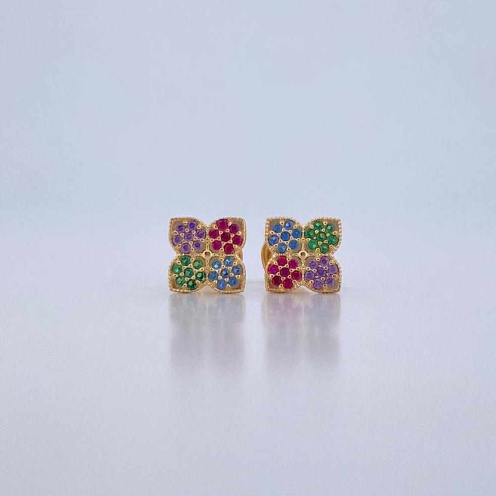 Stud Earrings Flower 1.15gr / Green Blue Fuchsia Purple Zircons 18K Yellow Gold $