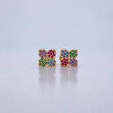 Stud Earrings Flower 1.15gr / Green Blue Fuchsia Purple Zircons 18K Yellow Gold $
