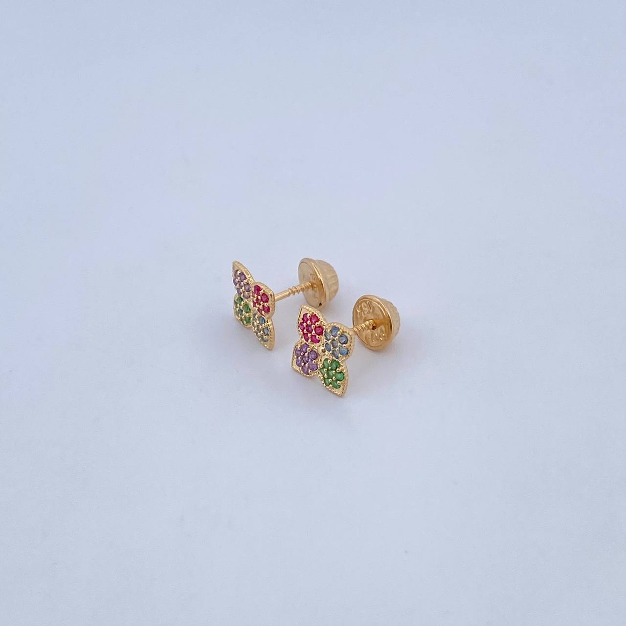 Stud Earrings Flower 1.15gr / Green Blue Fuchsia Purple Zircons 18K Yellow Gold $