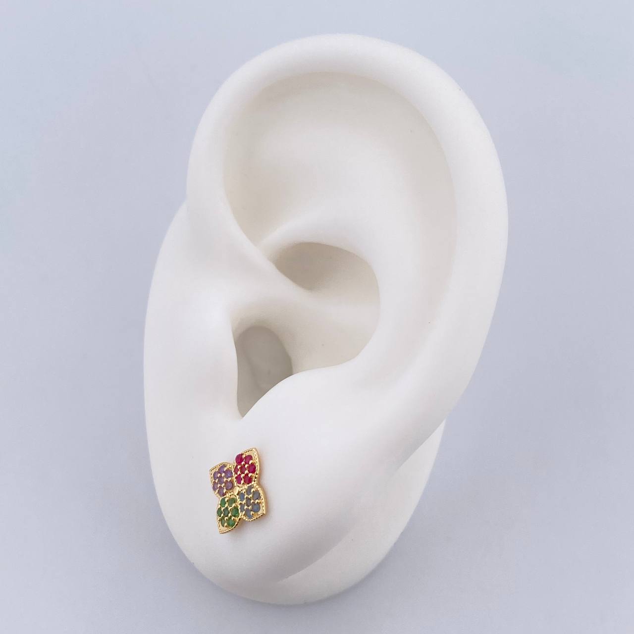 Stud Earrings Flower 1.15gr / Green Blue Fuchsia Purple Zircons 18K Yellow Gold $