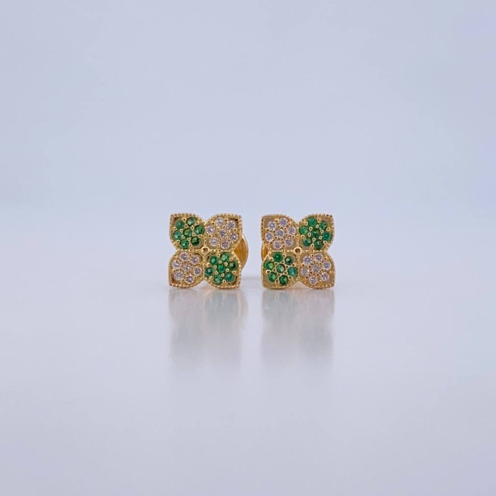Stud Earrings Flower 1.1gr / White Green Zircons 18K Yellow Gold &