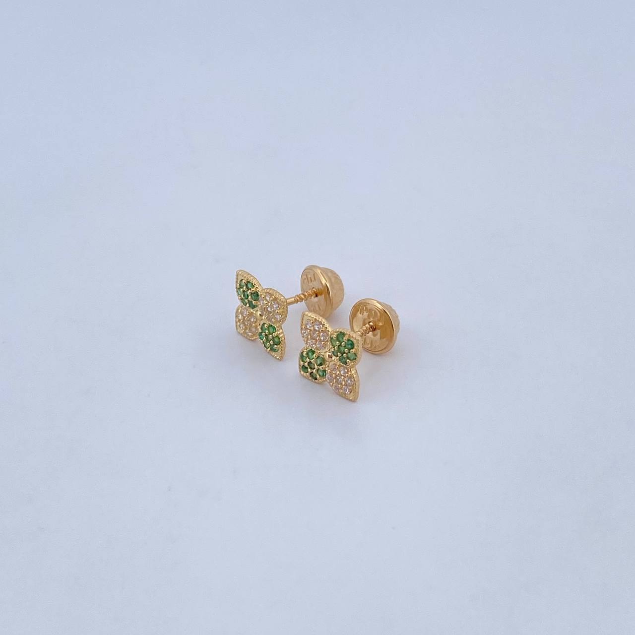 Stud Earrings Flower 1.1gr / White Green Zircons 18K Yellow Gold &