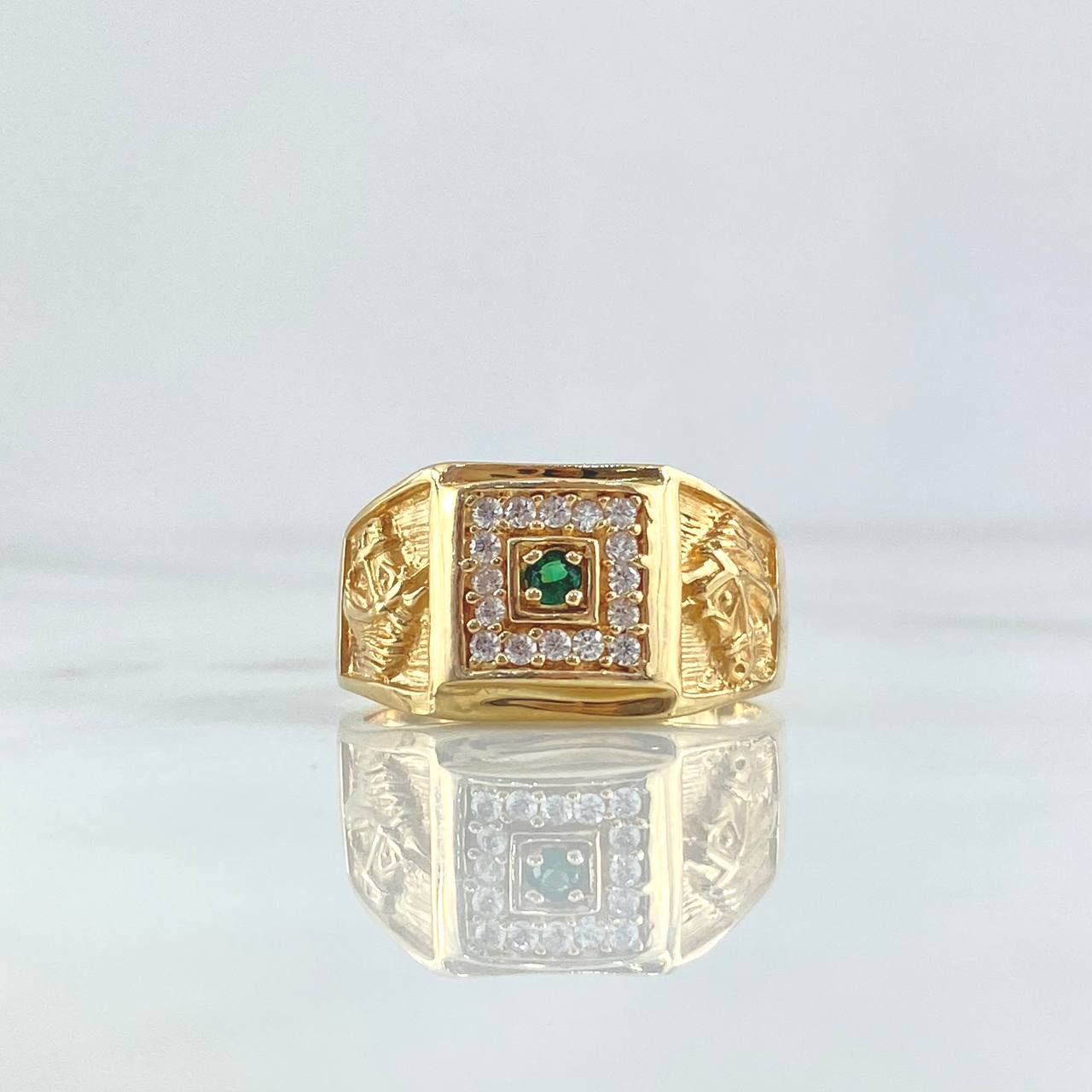Horse Frame Ring 9.8gr / T10 1/4 / White Zircons Green 18K Yellow Gold ©
